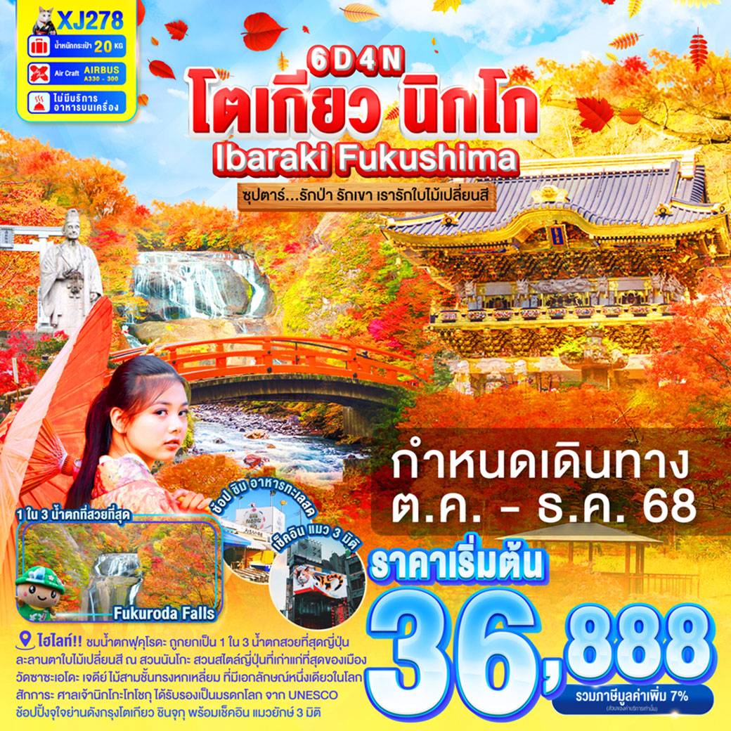 ทัวร์ญี่ปุ่น  TOKYO IBARAKI NIKKO FUKUSHIMA ซุปตาร์...รักป่า รักเขา เรารักใบไม้เปลี่ยนสี 6วัน 4คืน (XJ)